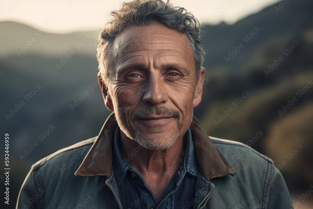 Portrait of a handsome mature man in a denim jacket looking at the camera. Portrait of a handsome mature man in a denim jacket looking at the camera.