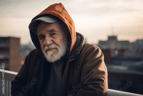 Portrait of an elderly man on the roof of a building.