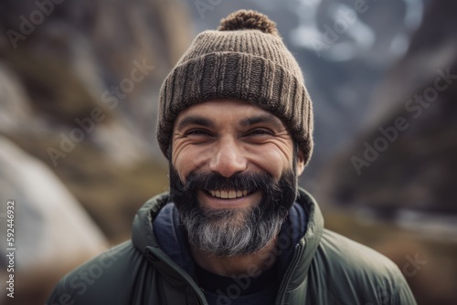 Portrait of smiling man with hat against rocky landscape in the mountains
