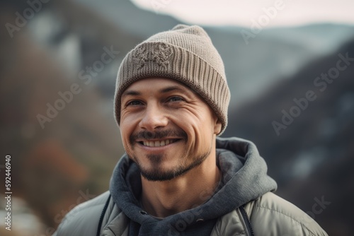 Portrait of a smiling young man in a hat and jacket in the mountains