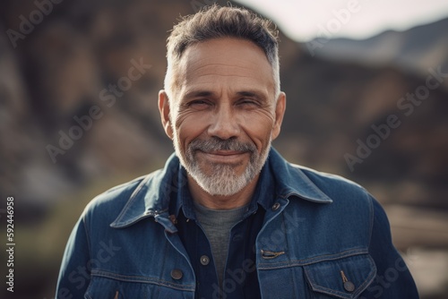 Portrait of a handsome mature man with gray beard and mustache wearing a denim jacket. © Robert MEYNER