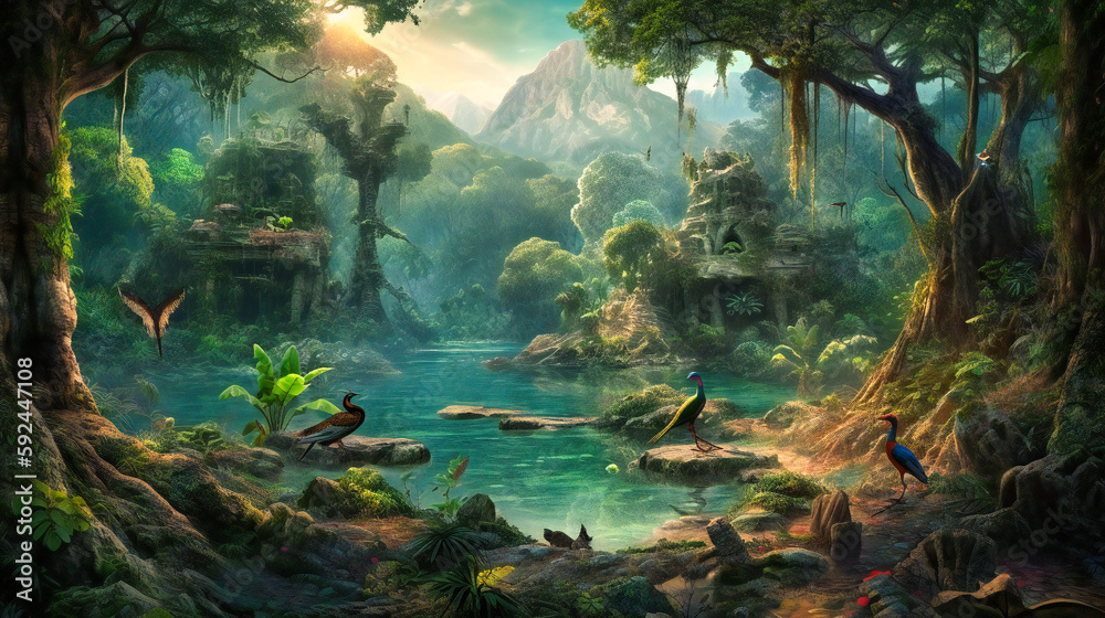 A digital painting of jungle landscape with trees and birds