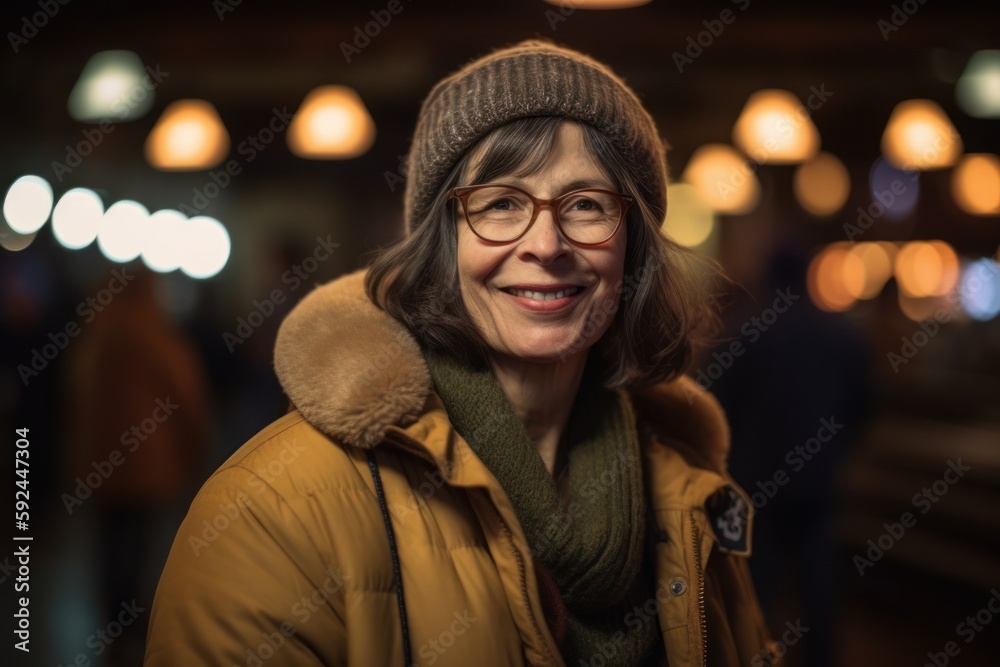 Portrait of a smiling senior woman in a city at night.
