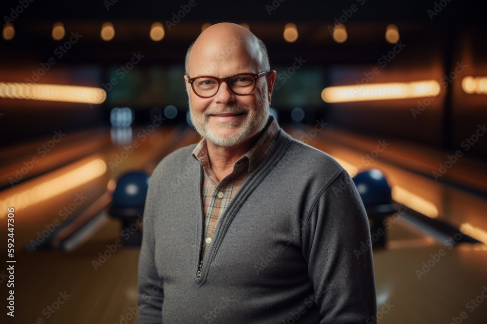 Portrait of a smiling senior man standing in bowling alley at night Portrait of a smiling senior man standing in bowling alley at night
