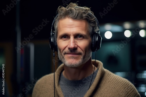 Portrait of a mature man listening to music with headphones in the studio