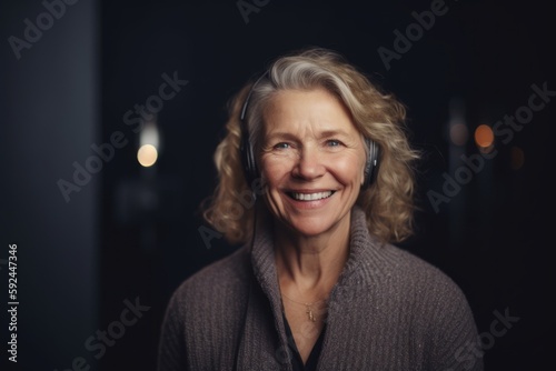 Portrait of smiling mature woman with headphones looking at camera in dark room