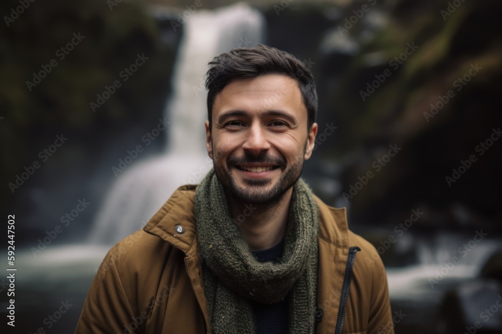 Portrait of a handsome young man smiling in front of a waterfall Portrait of a handsome young man smiling in front of a waterfall