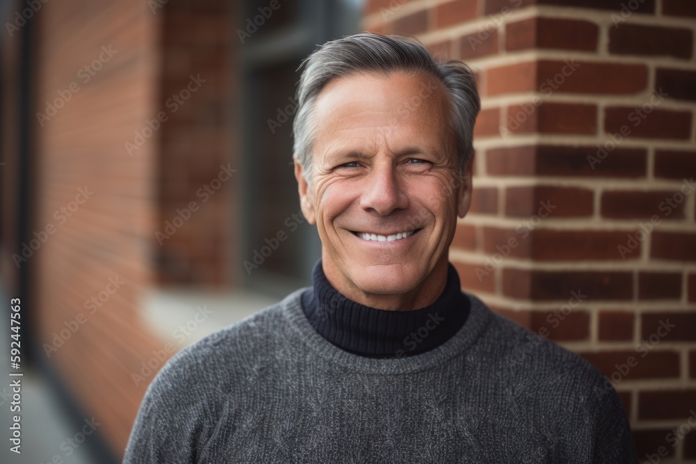 Lifestyle portrait photography of a pleased man in his 50s wearing a cozy sweater against a brick wall background. Generative AI Lifestyle portrait photography of a pleased man in his 50s wearing a cozy sweater against a brick wall background. Generative AI