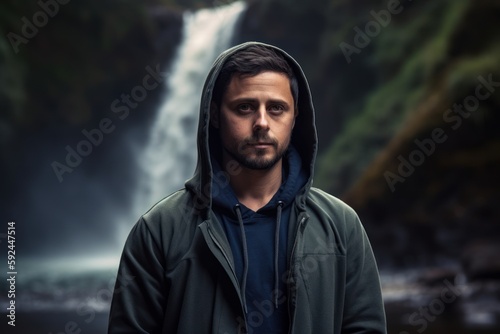 Portrait of a handsome man in a raincoat against a waterfall