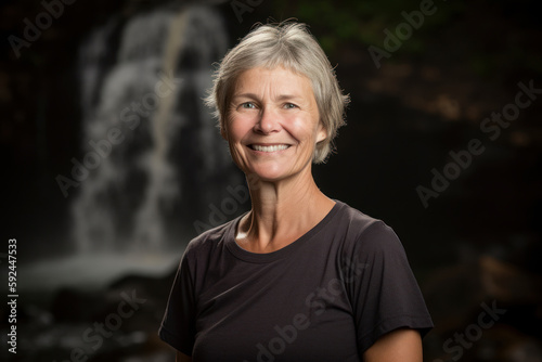 Portrait of a smiling senior woman with a waterfall in the background