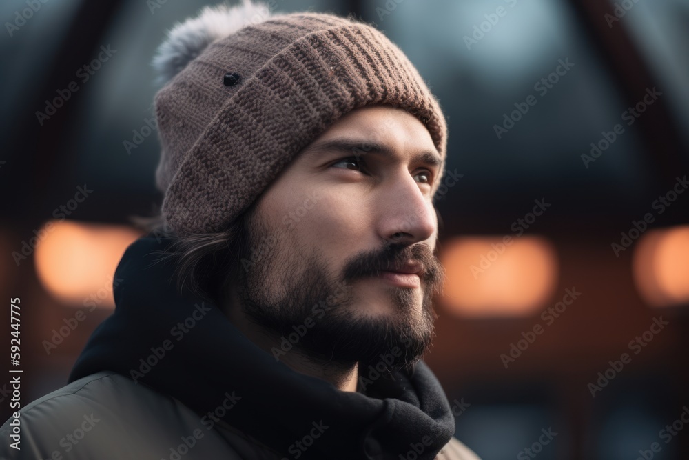 portrait of handsome bearded man in winter hat and scarf looking away