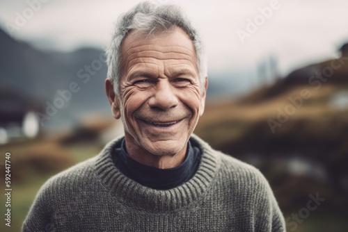 Portrait of a senior man smiling at the camera outdoors in the countryside
