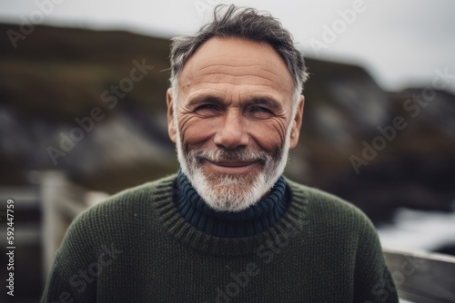 Portrait of smiling senior man with grey beard standing outdoors on the beach in winter