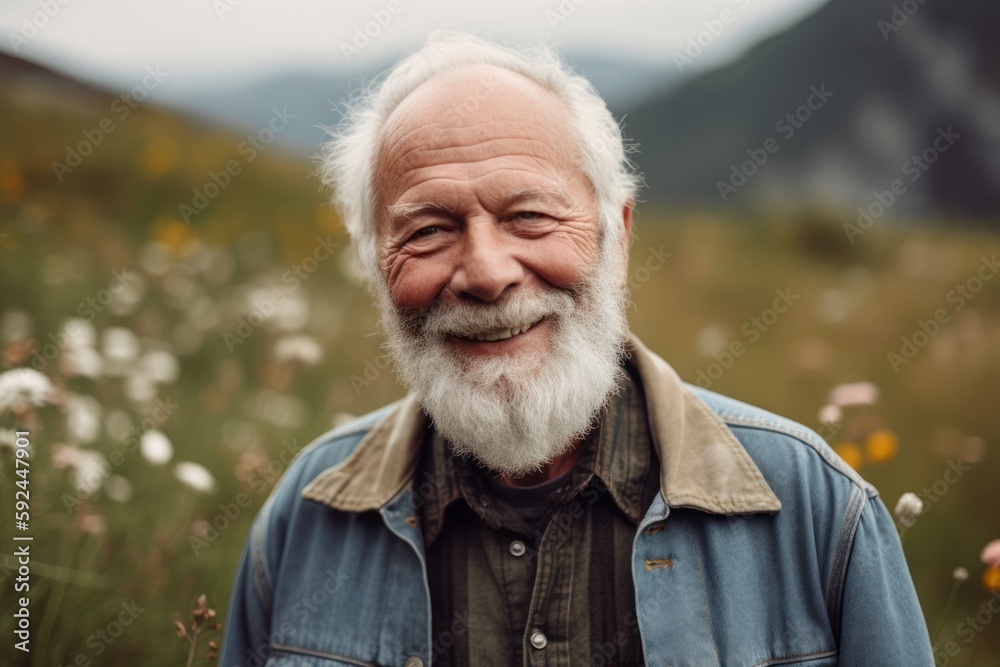 Portrait of senior man with white beard and mustache in blooming meadow