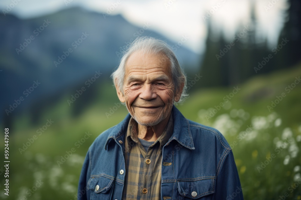 Portrait of a happy senior man in the mountains. Elderly people.