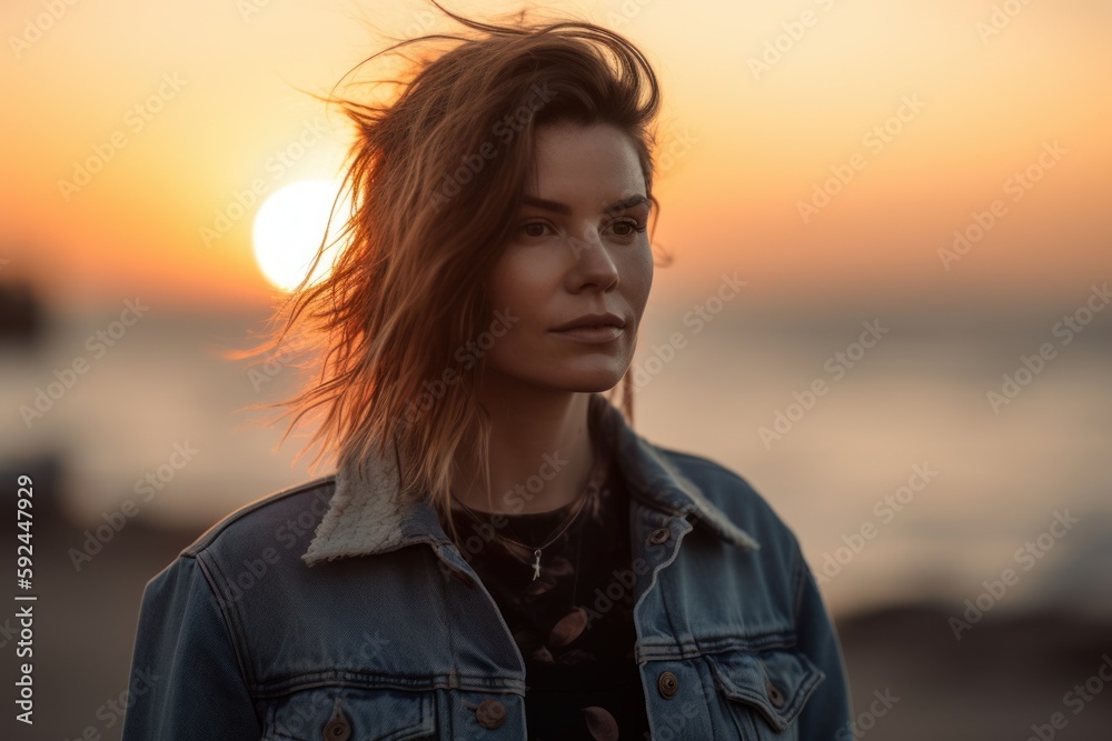 Portrait of a beautiful young woman in jeans jacket at sunset. Portrait of a beautiful young woman in jeans jacket at sunset.