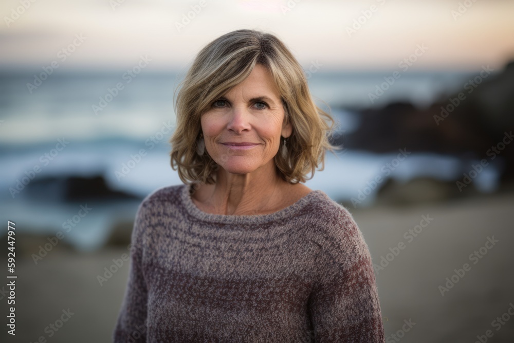 Portrait of smiling senior woman standing on beach at the sunset time