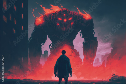 Man gazing at colossal robot with fiery metropolis in the background Fantasy concept , Illustration painting. Generative AI