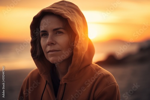 Portrait of a young woman wearing hoodie at the beach during sunset