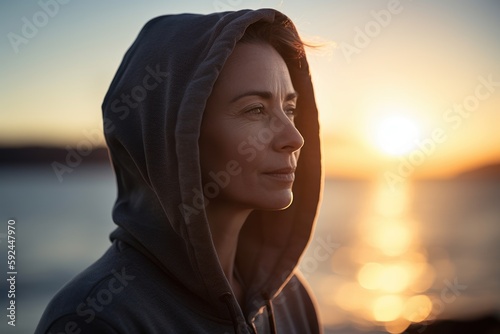Close up portrait of a beautiful young woman wearing hoodie and looking away while standing on the beach at sunset