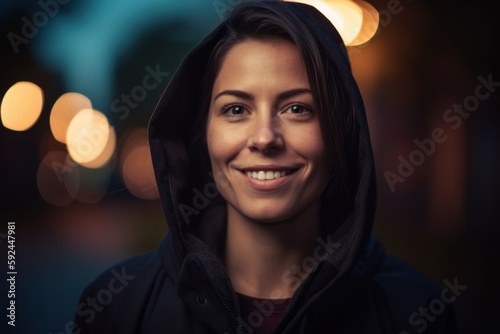 Portrait of a smiling young woman in a hoodie at night