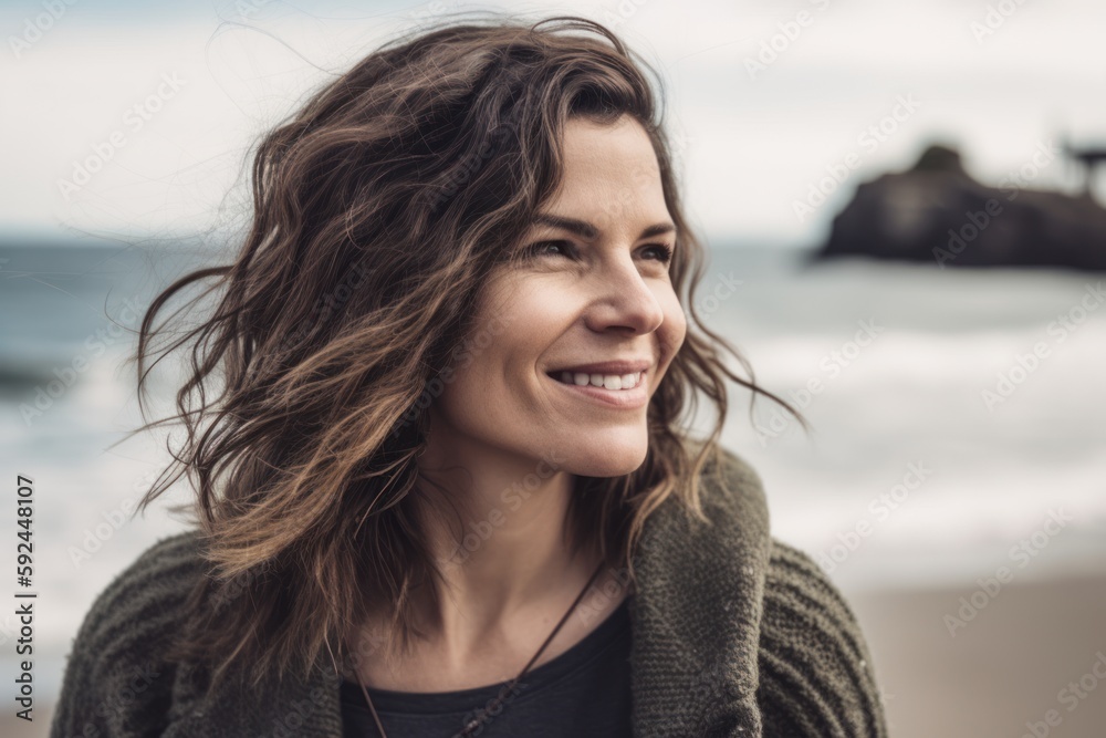 Close-up portrait photography of a pleased woman in her 30s wearing a chic cardigan against ocean waves background. Generative AI Close-up portrait photography of a pleased woman in her 30s wearing a chic cardigan against ocean waves background. Generative AI