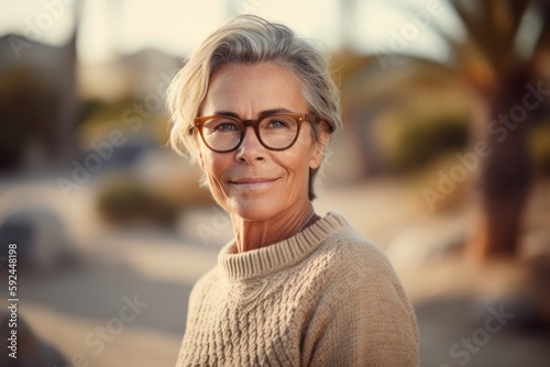 Headshot portrait photography of a pleased woman in her 50s wearing a cozy sweater against an island resort or vacation background. Generative AI