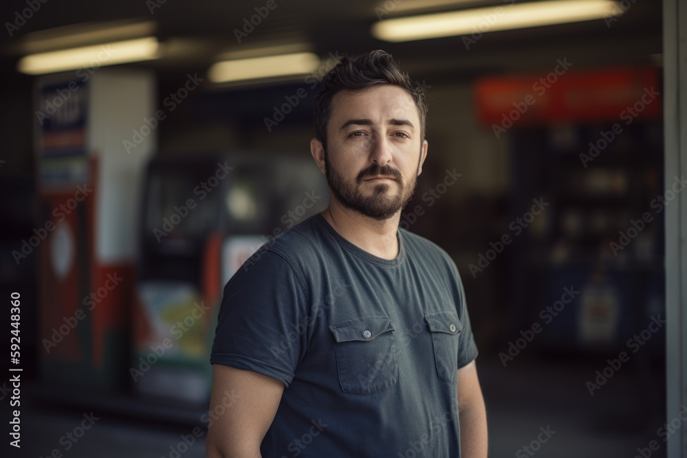 Portrait of a handsome man with beard and mustache standing at gas station