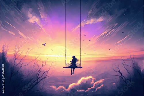 Mysterious woman sitting on swing in surreal sunset sky Fantasy concept , Illustration painting. Generative AI