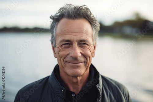Portrait of smiling middle-aged man looking at camera on riverside