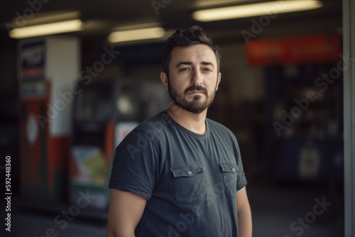 Portrait of a handsome man with beard and mustache standing at gas station
