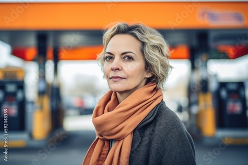 Medium shot portrait photography of a pleased woman in her 40s wearing a chic cardigan against a gas station or vintage service station background. Generative AI