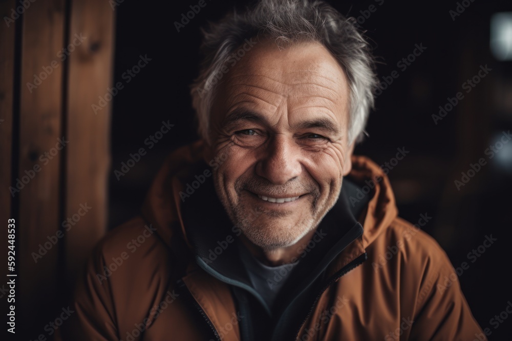 Portrait of smiling senior man looking at camera while leaning against wooden wall