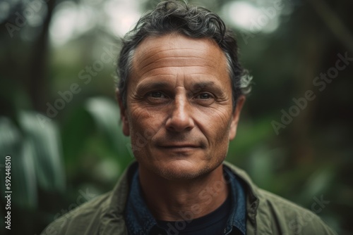 Portrait of a handsome mature man looking at camera in the jungle