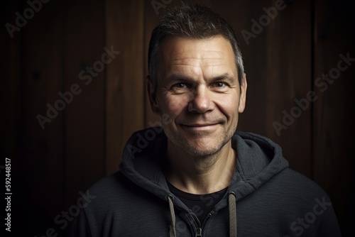 Portrait of a man in a black sweatshirt on a wooden background