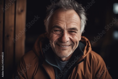 Portrait of smiling senior man looking at camera while leaning against wooden wall