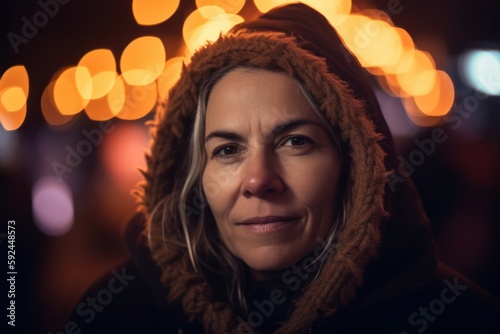 Portrait of a woman in winter clothes on the background of Christmas lights