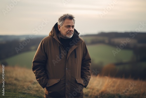 Handsome middle-aged man with gray hair in a brown jacket in the countryside © Robert MEYNER