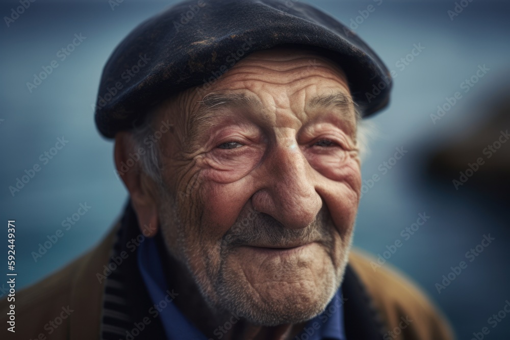 Portrait of an old man in a cap on the seashore Portrait of an old man in a cap on the seashore