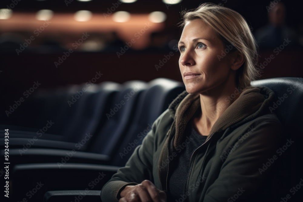 Portrait of woman sitting in cinema hall, looking at camera. Portrait of woman sitting in cinema hall, looking at camera.
