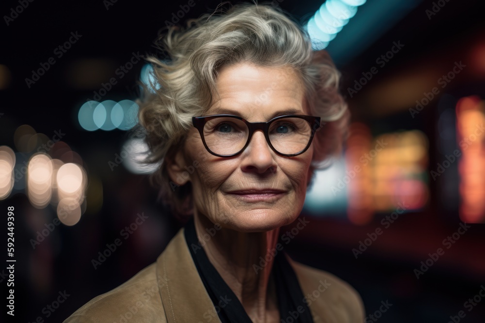 Portrait of smiling senior woman with eyeglasses in city at night Portrait of smiling senior woman with eyeglasses in city at night