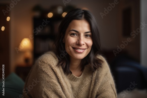 Portrait of smiling young woman sitting on sofa at home and looking at camera