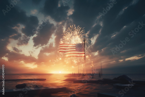 American flag on background of fireworks on beach at sunset  created with Generative AI