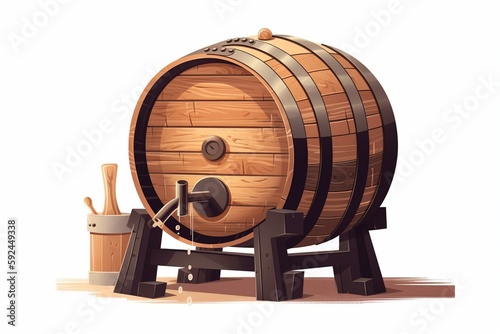 Oak wooden barrel with tap for bottling wine or beer. Brewery, winery concept. Generative AI, illustration