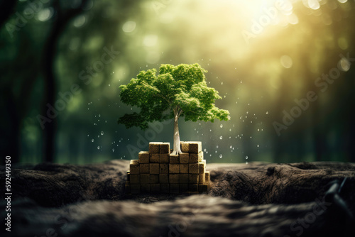 Small tree grows on wooden cubes with falling water drops in forest. Earth Day, Environment concept and Eco concept, created with Generative AI