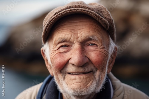 Portrait of an old man smiling at the camera on the beach