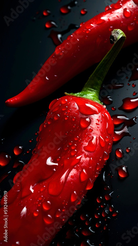 Fresh chili pepper background  adorned with glistening droplets of water  top down view.