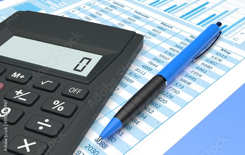 calculator with spreadsheet and a pen, 3d illustration