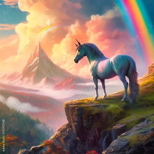 A unicorn standing on a mountain and watching the rainbow © Rabbi