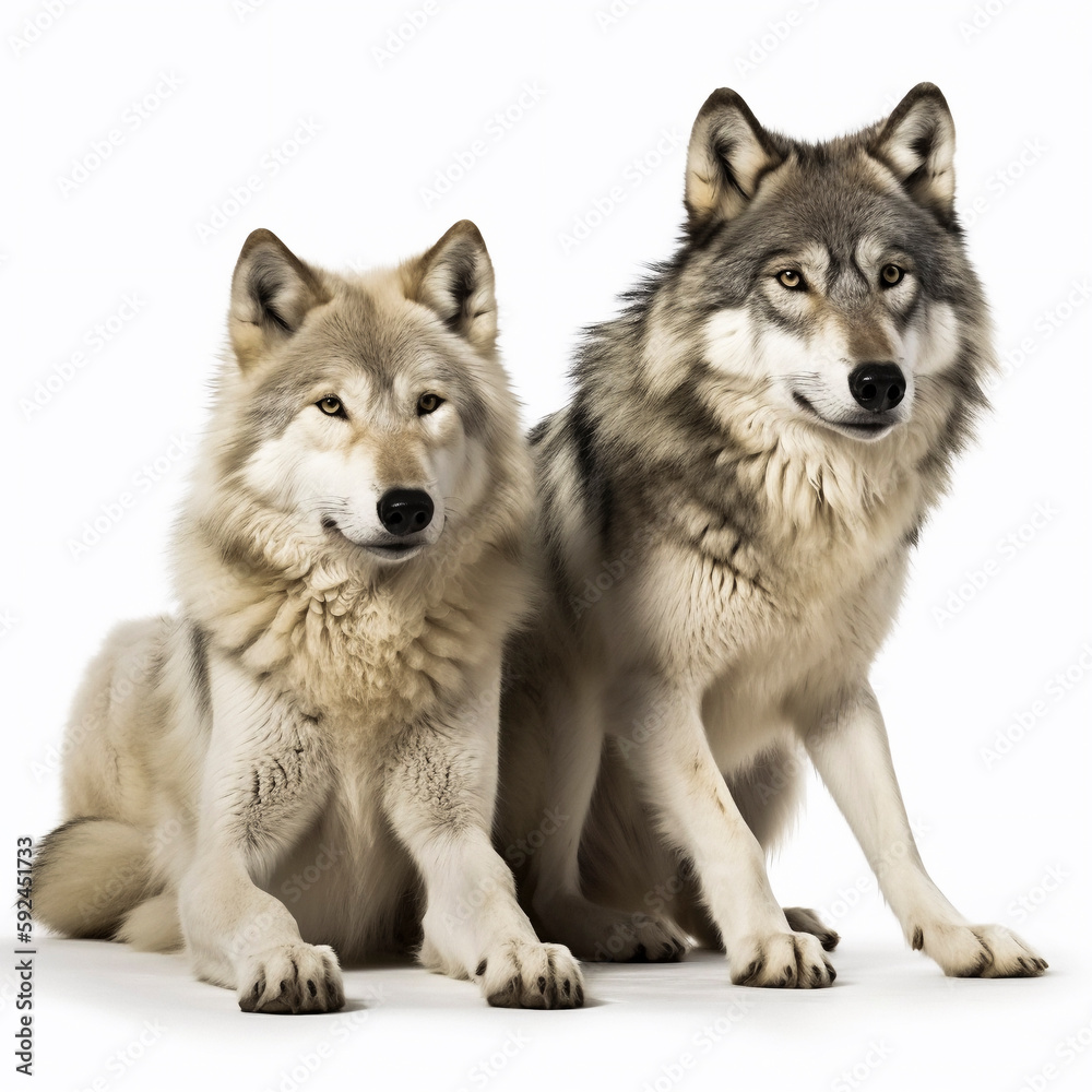 Wolf (Canis lupus) is the largest carnivore of the canine family (Canidae), white Background, AI generated Wolf (Canis lupus) is the largest carnivore of the canine family (Canidae), white Background, AI generated